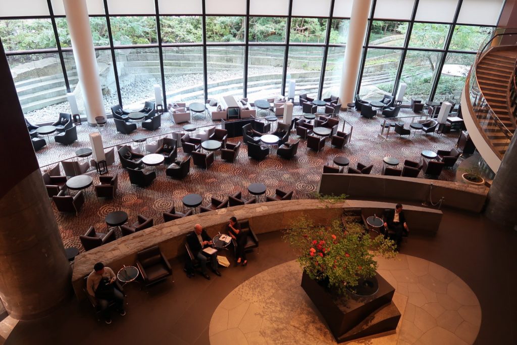Lobby lounge of Cerulean Tower Tokyu Hotel overlooking a rock garden