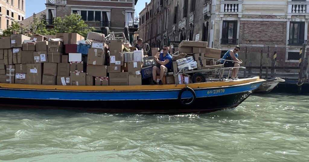 A delivery boat in Venice, Italy